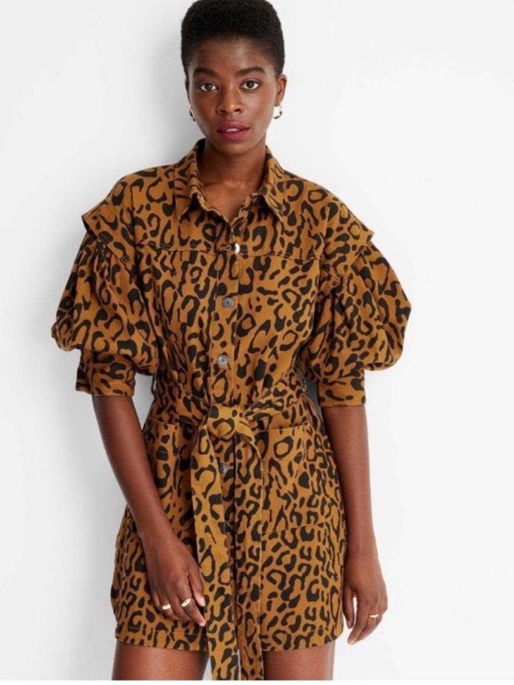 Leopard Print Puff-Sleeve Mini Shirt Dress - Brown
